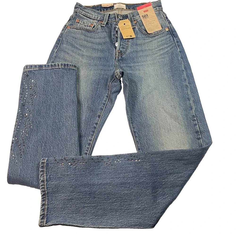 Levis 501 Curve Jeans Womens 24x30 Straight High Rise Stretch Denim Bedazzled